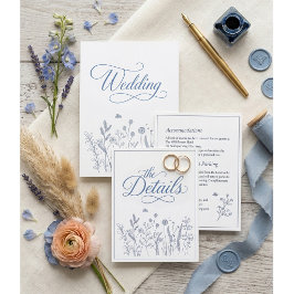 Elegante Stofblauwe Wilde Bloem Huwelijksdetails Informatiekaartje
