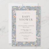 Elegante Stofblauwe Wilde Bloem QR Code Baby Showe Kaart (Voorkant)