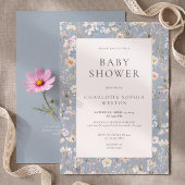 Elegante Stofblauwe Wilde Bloem QR Code Baby Showe Kaart