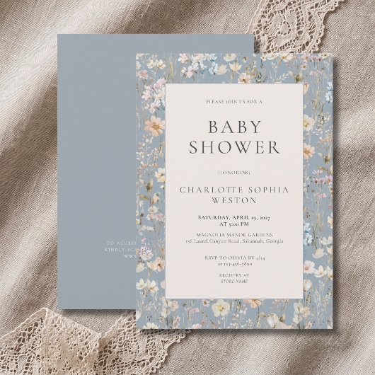 Elegante Stofblauwe Wilde Bloem QR Code Baby Showe Kaart