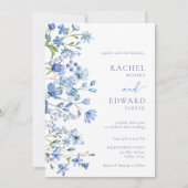 Elegante Stofblauwe Wilde Bloemen Bruiloft Kaart (Voorkant)