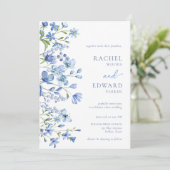 Elegante Stofblauwe Wilde Bloemen Bruiloft Kaart (Staand voorkant)