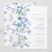 Elegante Stofblauwe Wilde Bloemen Bruiloft Kaart (Voorkant / Achterkant)