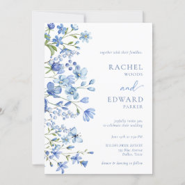 Elegante Stofblauwe Wilde Bloemen Bruiloft Kaart