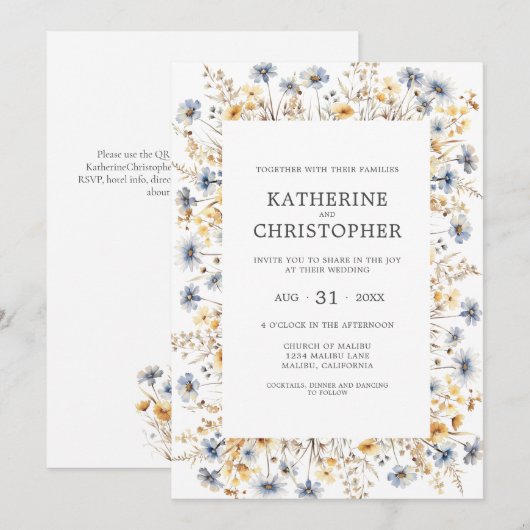 Elegante Stofblauwe Wilde Bloemen Watercolor Bruil Kaart (Voorkant / Achterkant)