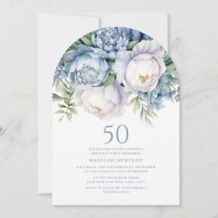 Elegante Stofblauwe Witte Bloem 50e Verjaardag Boo Kaart