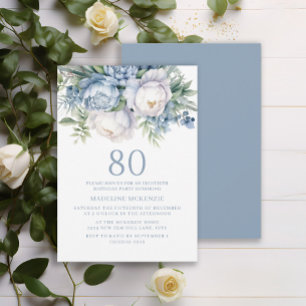 Elegante Stofblauwe Witte Bloem 80ste Verjaardag Kaart