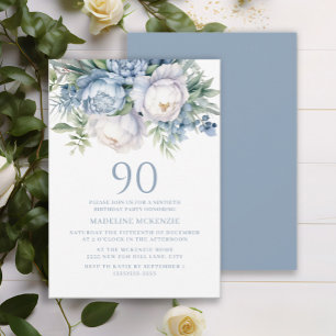 Elegante Stofblauwe Witte Bloem 90ste Verjaardag Kaart