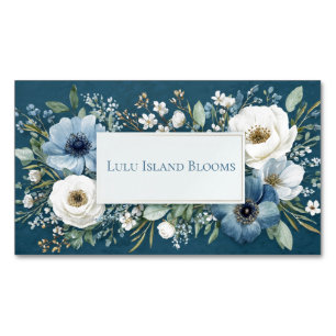 Elegante Stofblauwe Witte Bloem Teal Gouden Lijst Magnetisch Visitekaartje