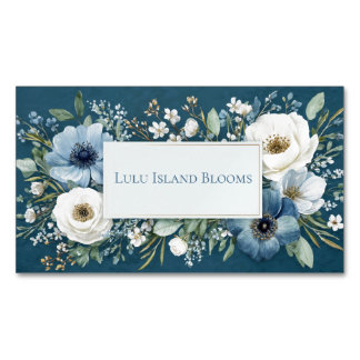 Elegante Stofblauwe Witte Bloem Teal Gouden Lijst Magnetisch Visitekaartje
