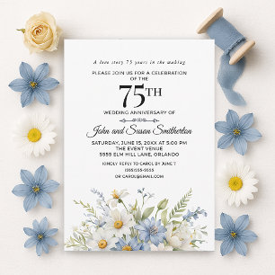 Elegante Stofblauwe Witte Bloemen 75e Verjaardag Kaart