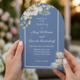 Elegante Stofblauwe Witte Rozen Trouw Acryl Uitnodigingen