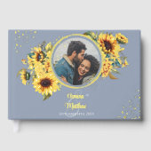 Elegante Stofblauwe Zonnebloem Foto Bruiloft Gastenboek (Voorkant)