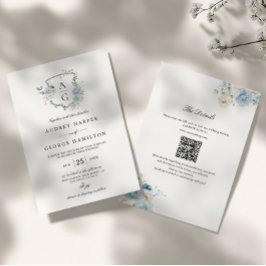 Elegante stoffig blauwe bloemenkleuren monogram wa kaart