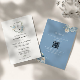 Elegante stoffig blauwe bloemenkleuren monogram wa kaart