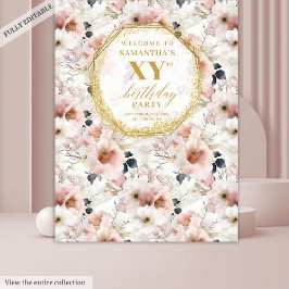 Elegante stoffig roze bloemen verjaardag fotobooth wandkleed