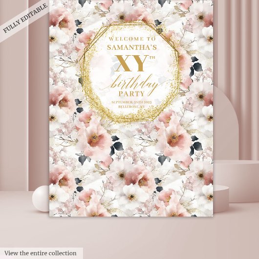 Elegante stoffig roze bloemen verjaardag fotobooth wandkleed