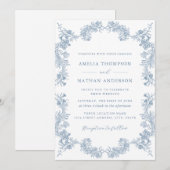 Elegante stoffige blauw  bloemenbruiloft kaart (Voorkant / Achterkant)