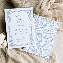 Elegante stoffige blauw  bloemenbruiloft save the date