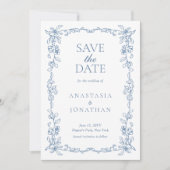 Elegante stoffige blauw  bloemenbruiloft save the date (Voorkant)
