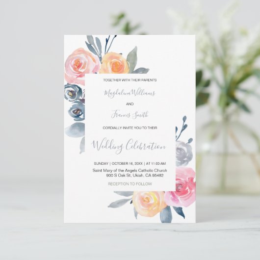 Elegante stoffige blauw en roos roze bruiloft kaart (Staand voorkant)