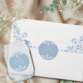 Elegante stoffige blauw en wit minimale bruiloft ronde sticker