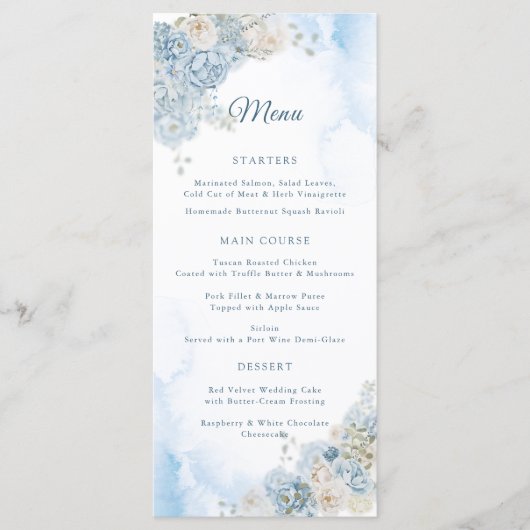 Elegante stoffige blauw ivoor Roos bloemen bruilof Menu (Voorkant)