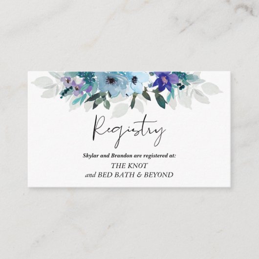 Elegante stoffige blauw paarse bloemen bruiloft re informatiekaartje (Voorkant)