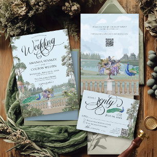 Elegante stoffige blauw  tuin groen bruiloft kaart