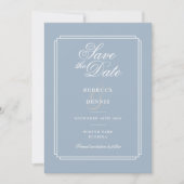 Elegante stoffige blauwe art deco foto bruiloft save the date (Voorkant)