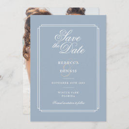 Elegante stoffige blauwe art deco foto bruiloft save the date