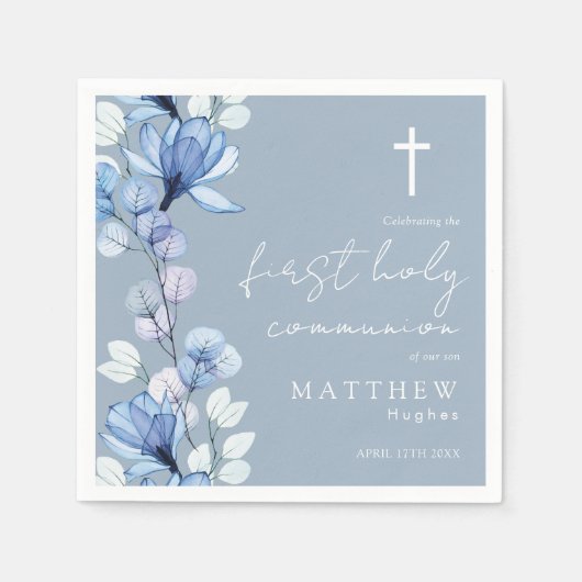 Elegante stoffige blauwe bloem Eerste Heilige Comm Servet (Voorkant)