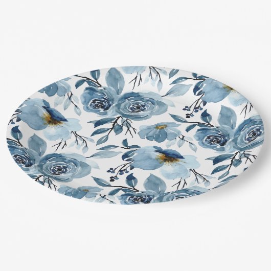 Elegante stoffige blauwe bloem en witte ronde fees papieren bordje (Gekanteld)