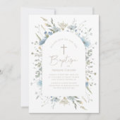 Elegante stoffige blauwe bloem met scriptdoop kaart (Voorkant)