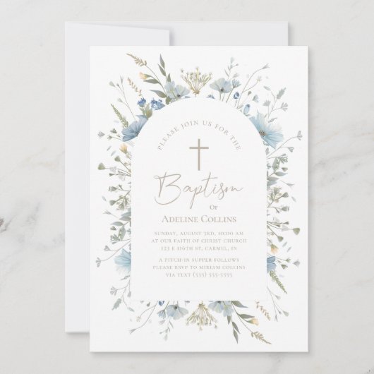 Elegante stoffige blauwe bloem met scriptdoop kaart (Voorkant)