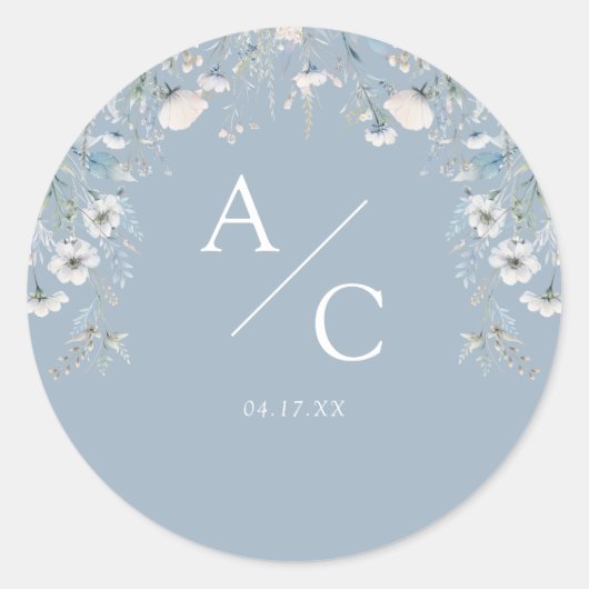 Elegante stoffige blauwe bloemen bloemenbruiloft ronde sticker (Voorkant)