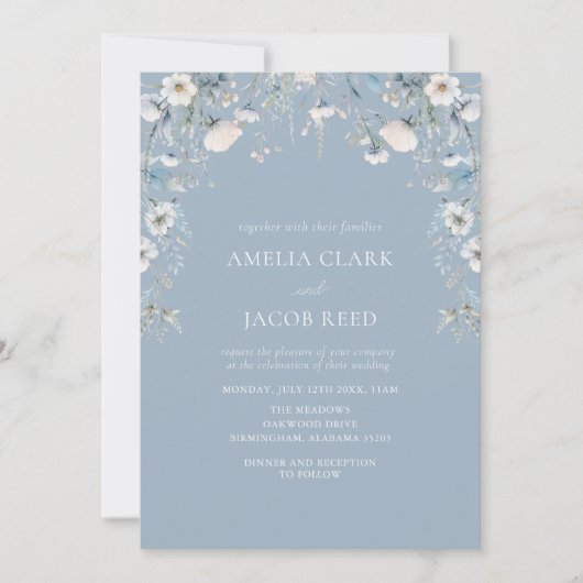 Elegante stoffige blauwe bloemen bloemenfoto bruil kaart (Voorkant)