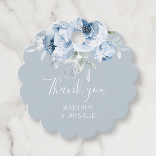 Elegante stoffige blauwe bloemen bruiloft bedankjes labels (Voorkant)