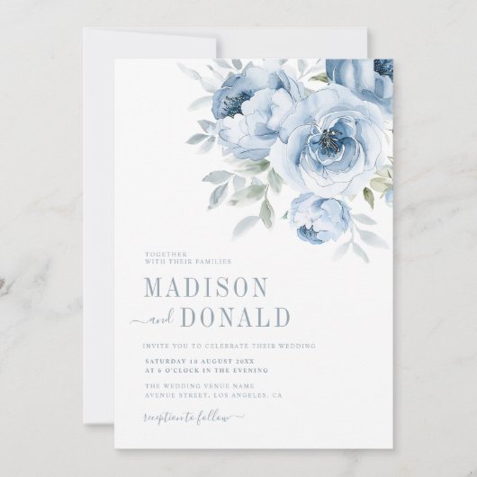 Elegante stoffige blauwe bloemen bruiloft uitnodig kaart (Voorkant)