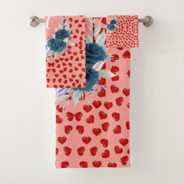 Elegante stoffige blauwe bloemen en rode harten ge bad handdoek