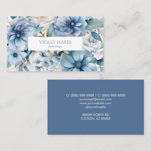 Elegante stoffige blauwe bloemen op maat visitekaartje (Voorkant / Achterkant)