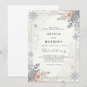 Elegante stoffige blauwe bloemen winterbruiloft kaart (Voorkant / Achterkant)