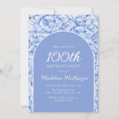 Elegante Stoffige Blauwe Bloemenboog 100ste Verjaa Kaart (Voorkant)