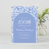 Elegante Stoffige Blauwe Bloemenboog 100ste Verjaa Kaart (Staand voorkant)