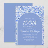 Elegante Stoffige Blauwe Bloemenboog 100ste Verjaa Kaart (Voorkant / Achterkant)