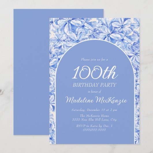 Elegante Stoffige Blauwe Bloemenboog 100ste Verjaa Kaart (Voorkant / Achterkant)