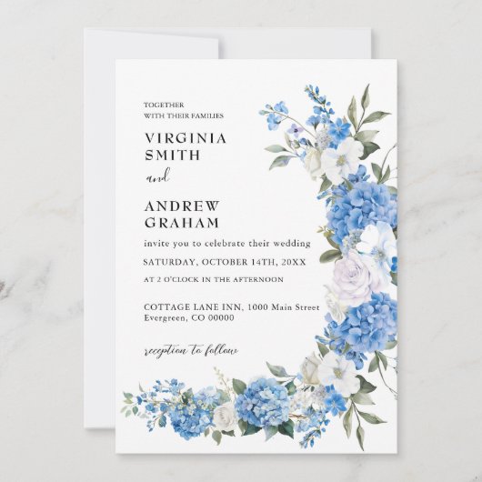 Elegante stoffige blauwe bloemenboog bruiloft kaart (Voorkant)