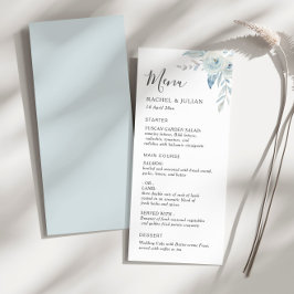 Elegante stoffige blauwe bloemenbruiloft menu