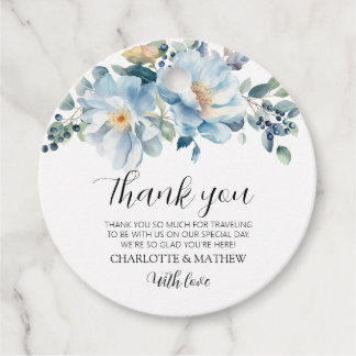 Elegante stoffige blauwe bloemenbruiloftsgunst Gif Bedankjes Labels