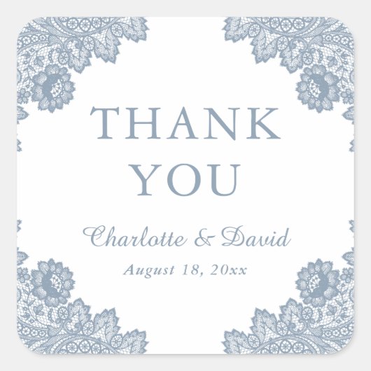 Elegante stoffige blauwe bloemenkant bruiloft beda vierkante sticker (Voorkant)